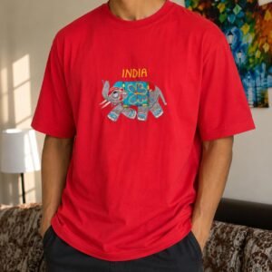Unisex Red Tee – Graphic Embroidery Elephant Edition