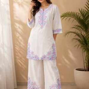 Women’s Floral Embroidered Pure Cotton Co-Ord Set with Cutwork Detailing