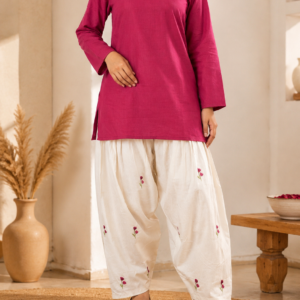 Women Berry Magenta Premium Cotton Designer Top with Embroidered Farsi Bottom Co-ord Set