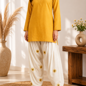 Golden Mustard Premium Cotton Designer Top with Embroidered Farsi Bottom Co-ord Set