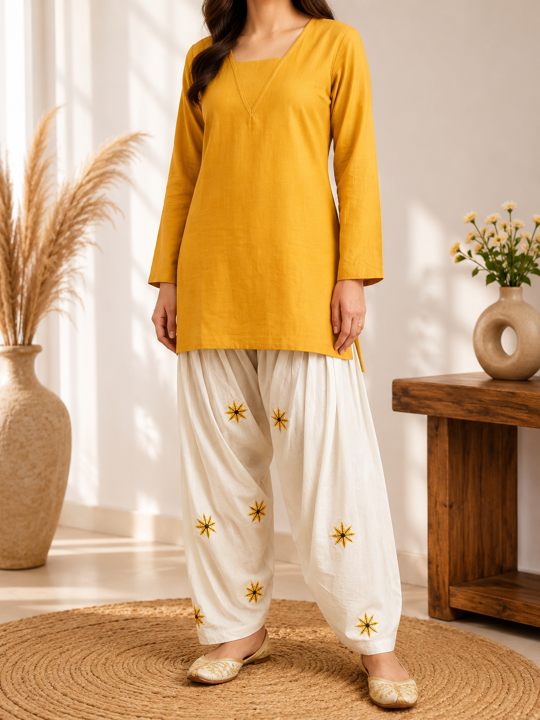 Golden Mustard Premium Cotton Designer Top with Embroidered Farsi Bottom Co-ord Set