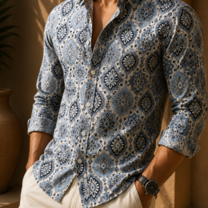 Men's Ivory Blue Heritage Floral Printed Pure Cotton Full Sleeve Casual Resort Shirt