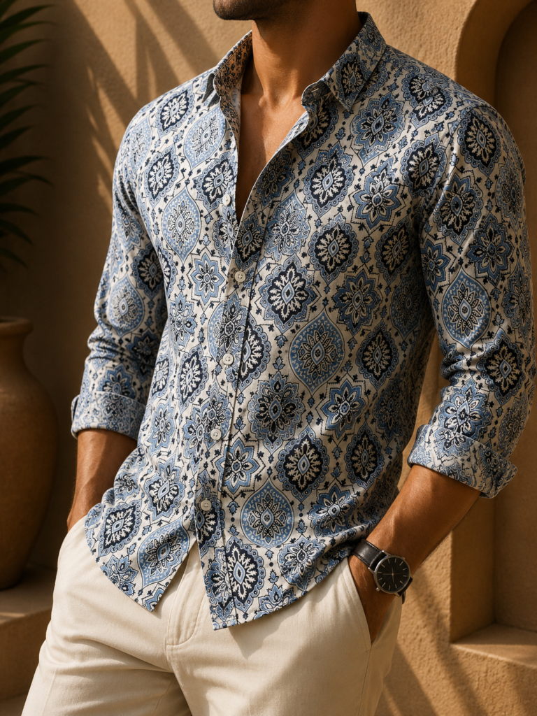 Men's Ivory Blue Heritage Floral Printed Pure Cotton Full Sleeve Casual Resort Shirt