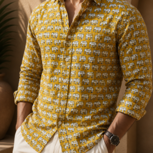 Men's Mustard Elephant Motif Printed Pure Cotton Full Sleeve Casual Resort Shirt