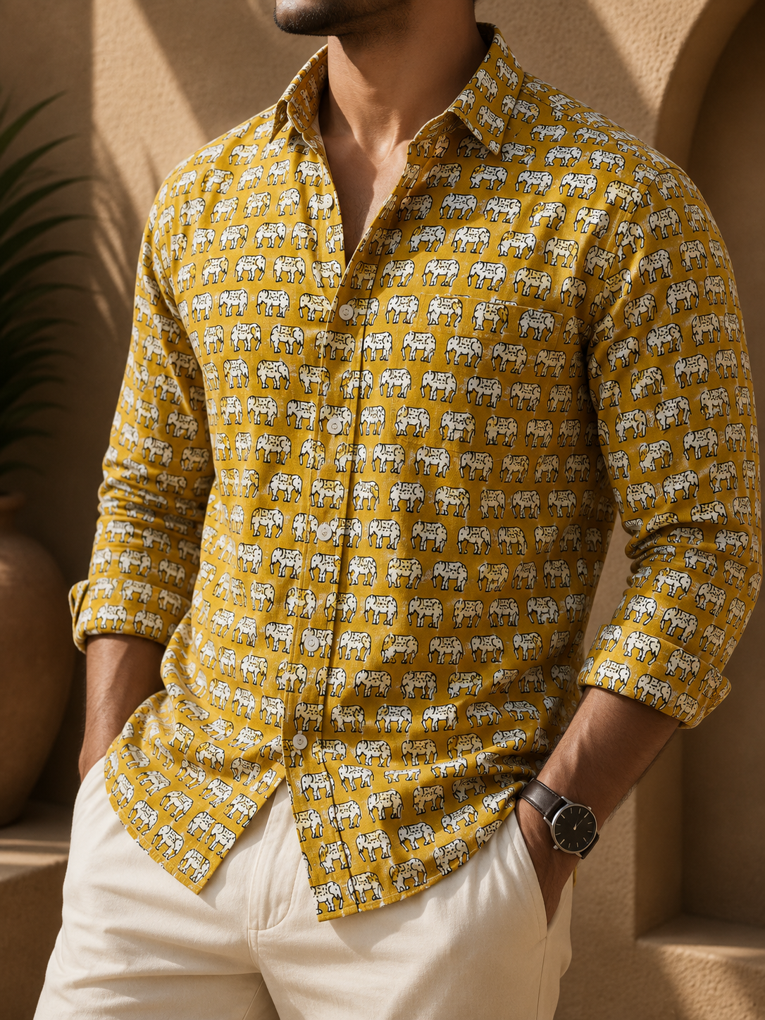 Men's Mustard Elephant Motif Printed Pure Cotton Full Sleeve Casual Resort Shirt