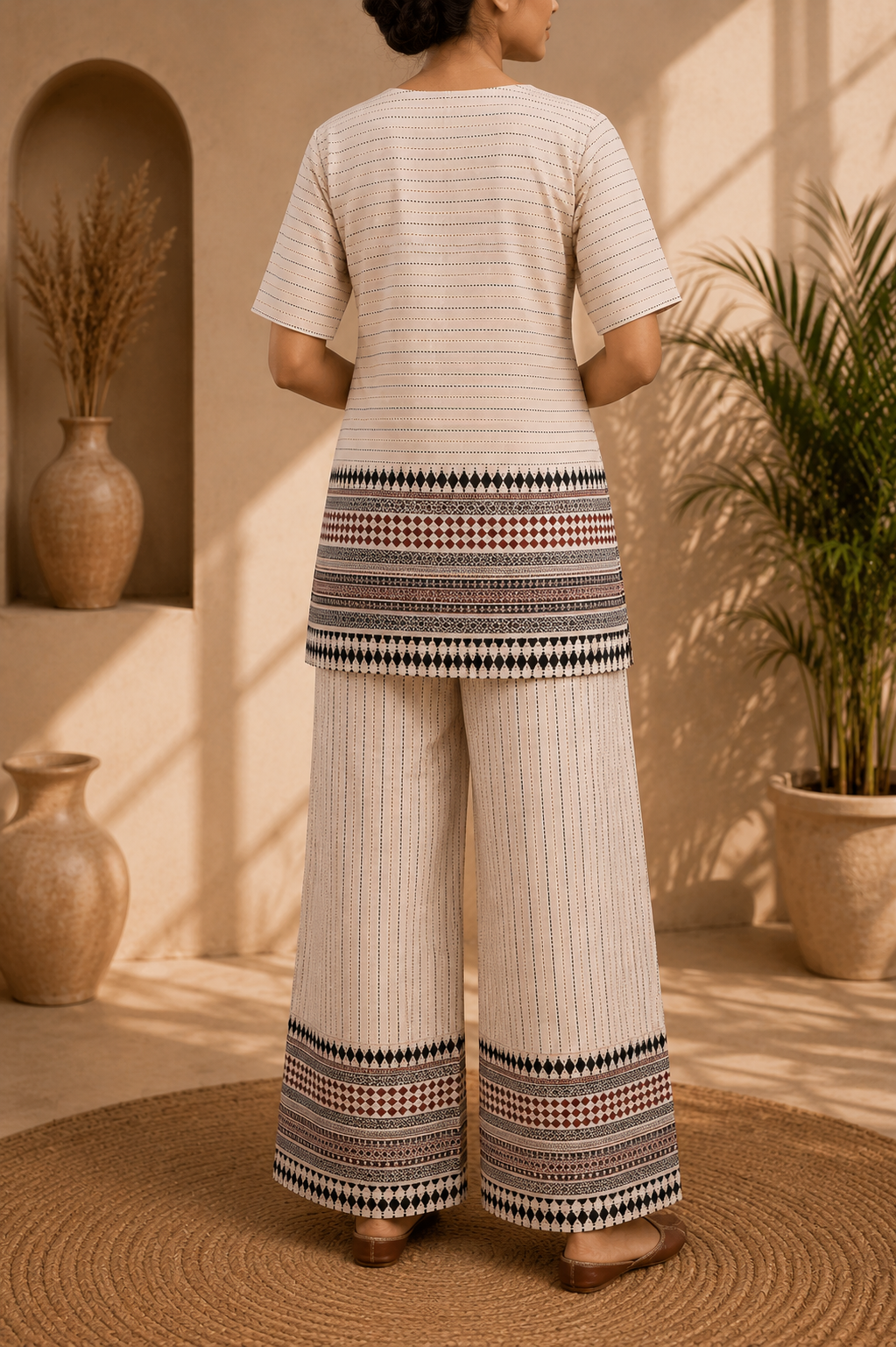 Royal Cream Beige Desert Stripe Print Cotton Co-ord Set - Image 2