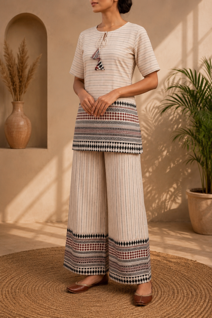 Royal Cream Beige Desert Stripe Print Cotton Co-ord Set