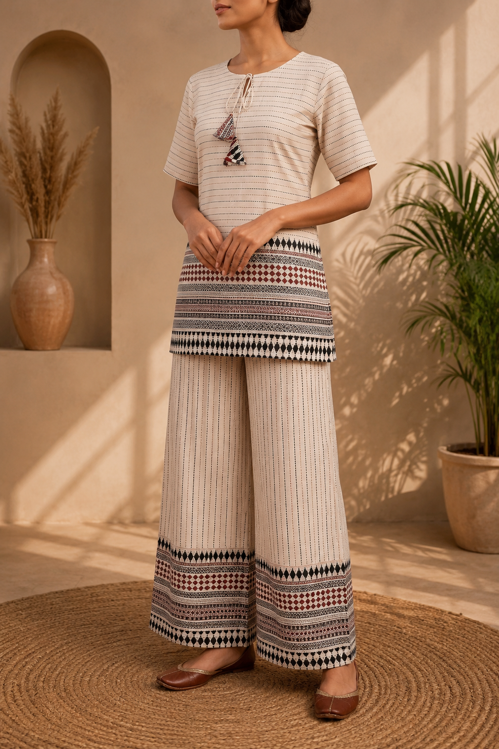 Royal Cream Beige Desert Stripe Print Cotton Co-ord Set