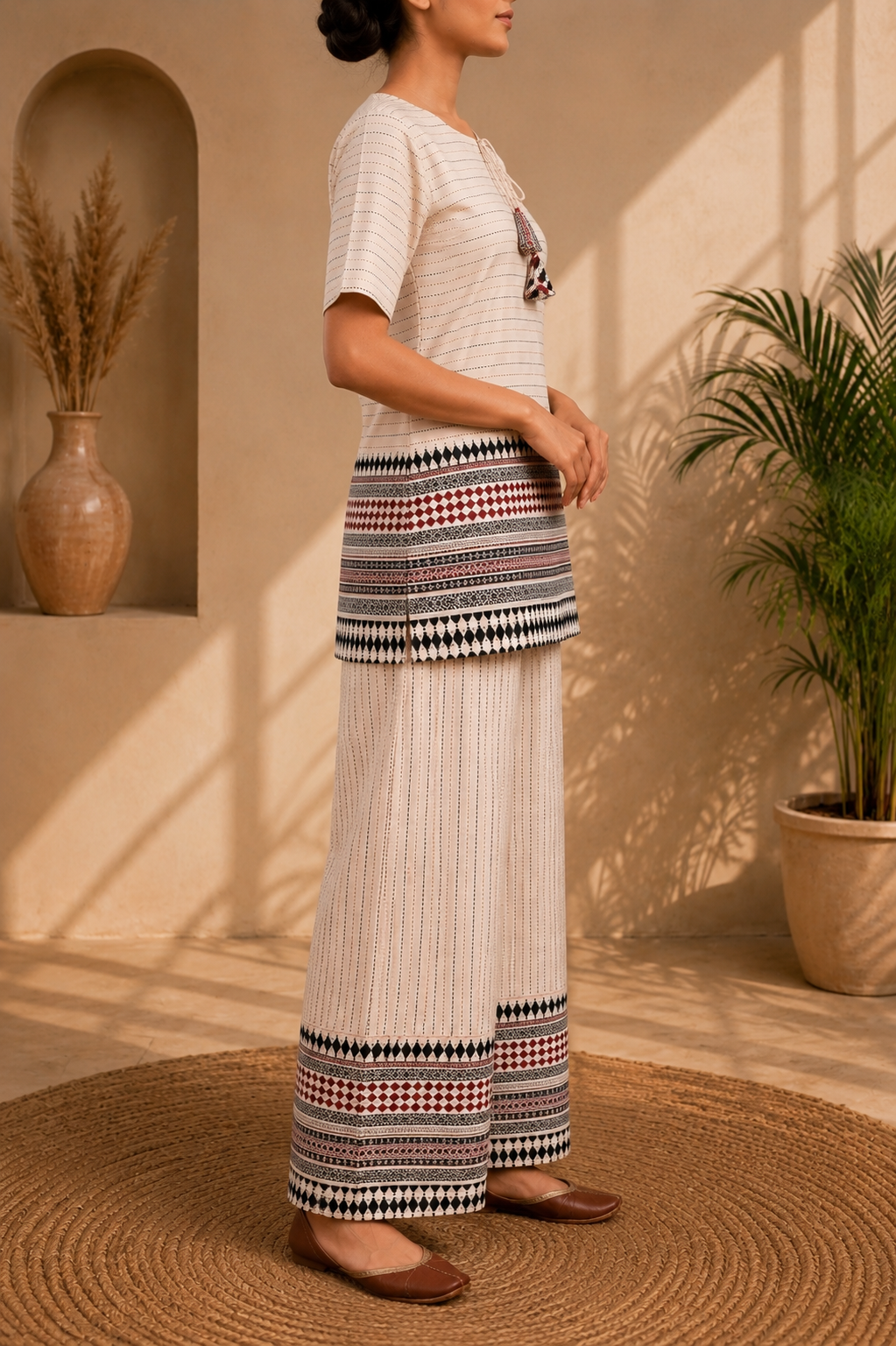 Royal Cream Beige Desert Stripe Print Cotton Co-ord Set - Image 4