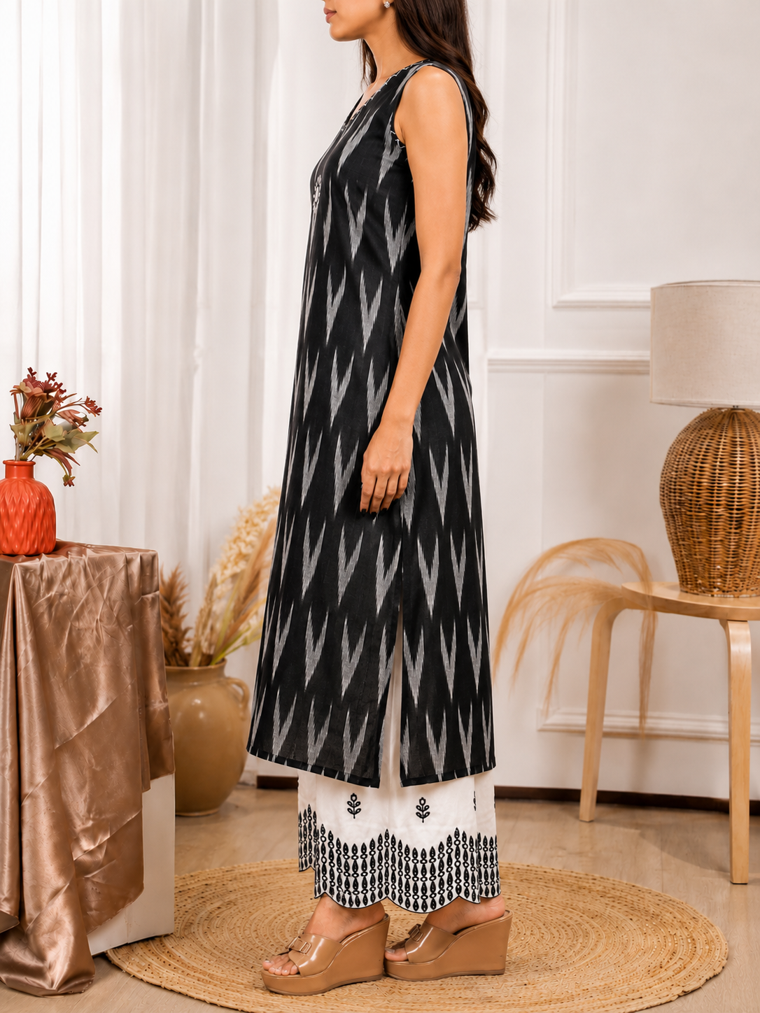Noir Black Ikat A-Line Cotton Kurti Palazzo Co-ord Set - Image 3