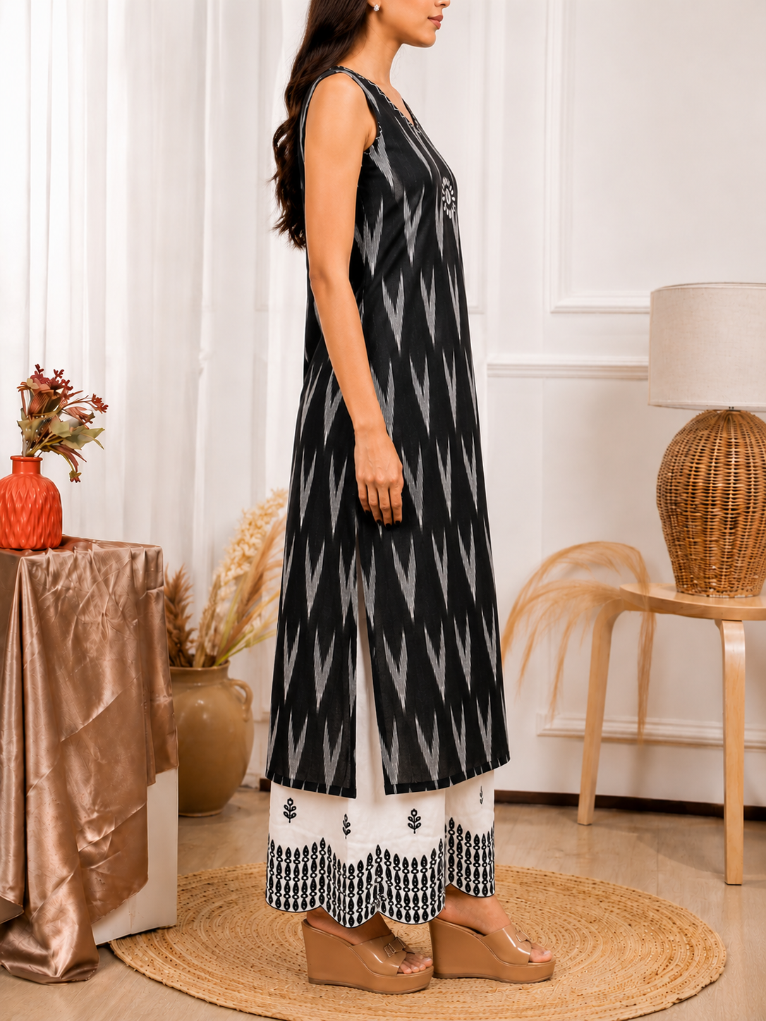 Noir Black Ikat A-Line Cotton Kurti Palazzo Co-ord Set - Image 4
