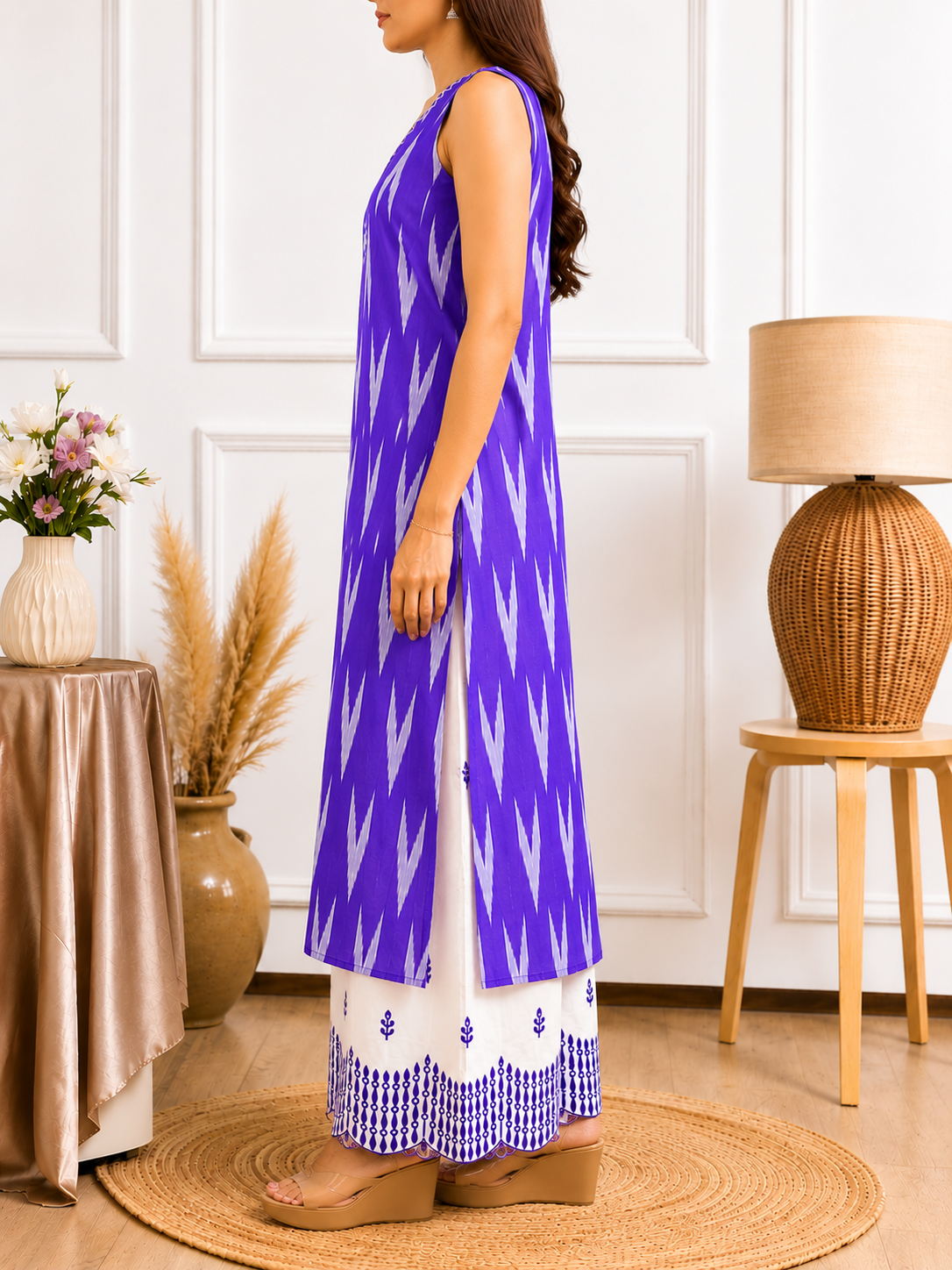Royal Amethyst Purple Ikat A-Line Cotton Kurti Palazzo Co-ord Set - Image 3