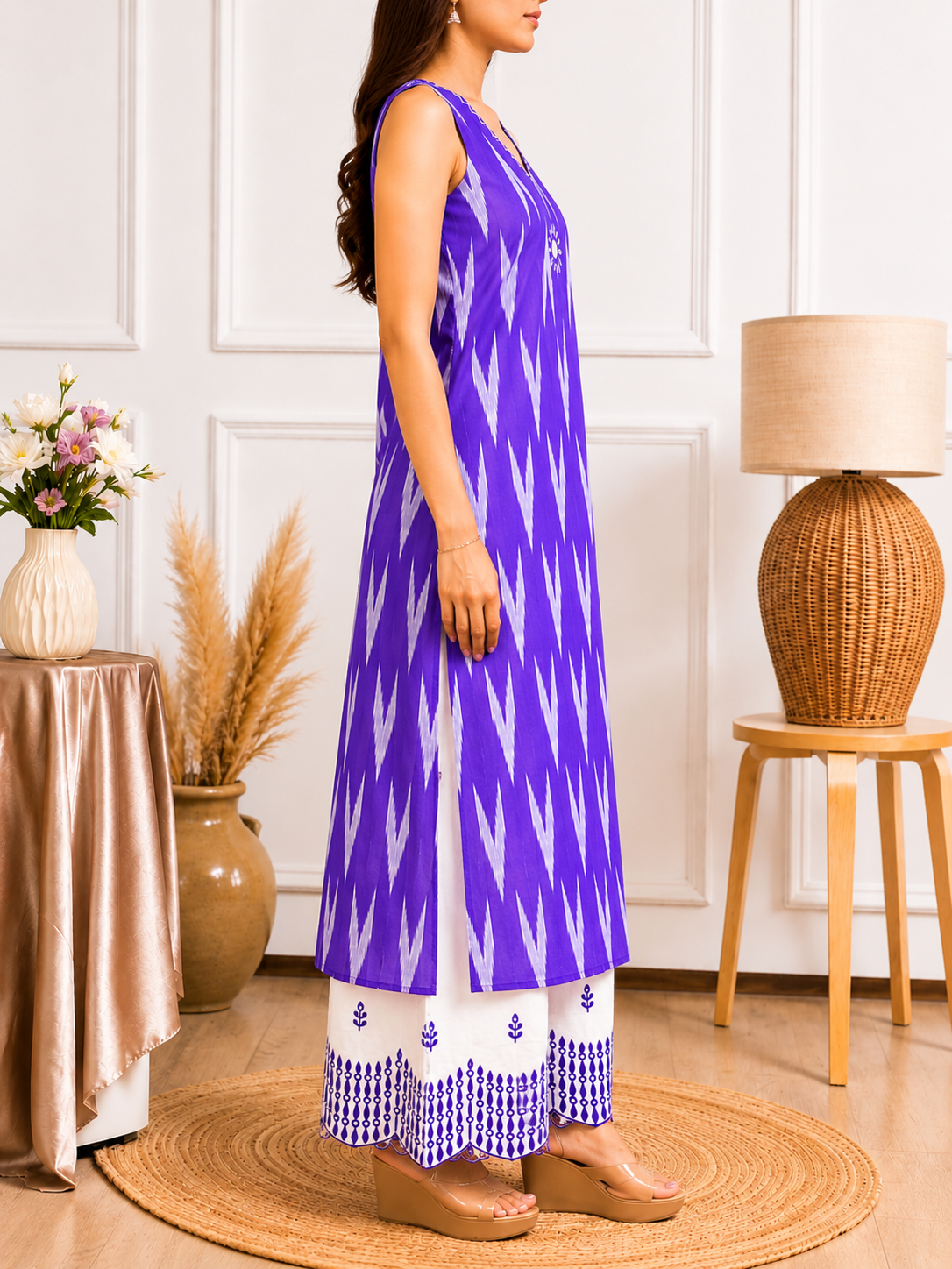Royal Amethyst Purple Ikat A-Line Cotton Kurti Palazzo Co-ord Set - Image 4