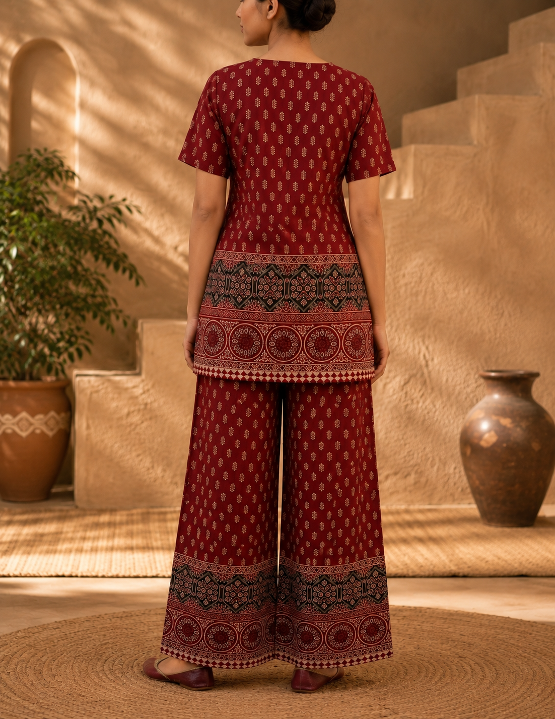 Royal Crimson Maroon Heritage Print Cotton Co-ord Set - Image 2