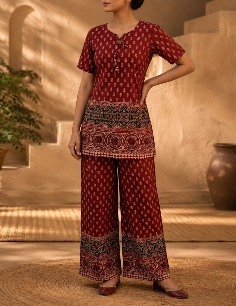 Royal Crimson Maroon Heritage Print Cotton Co-ord Set