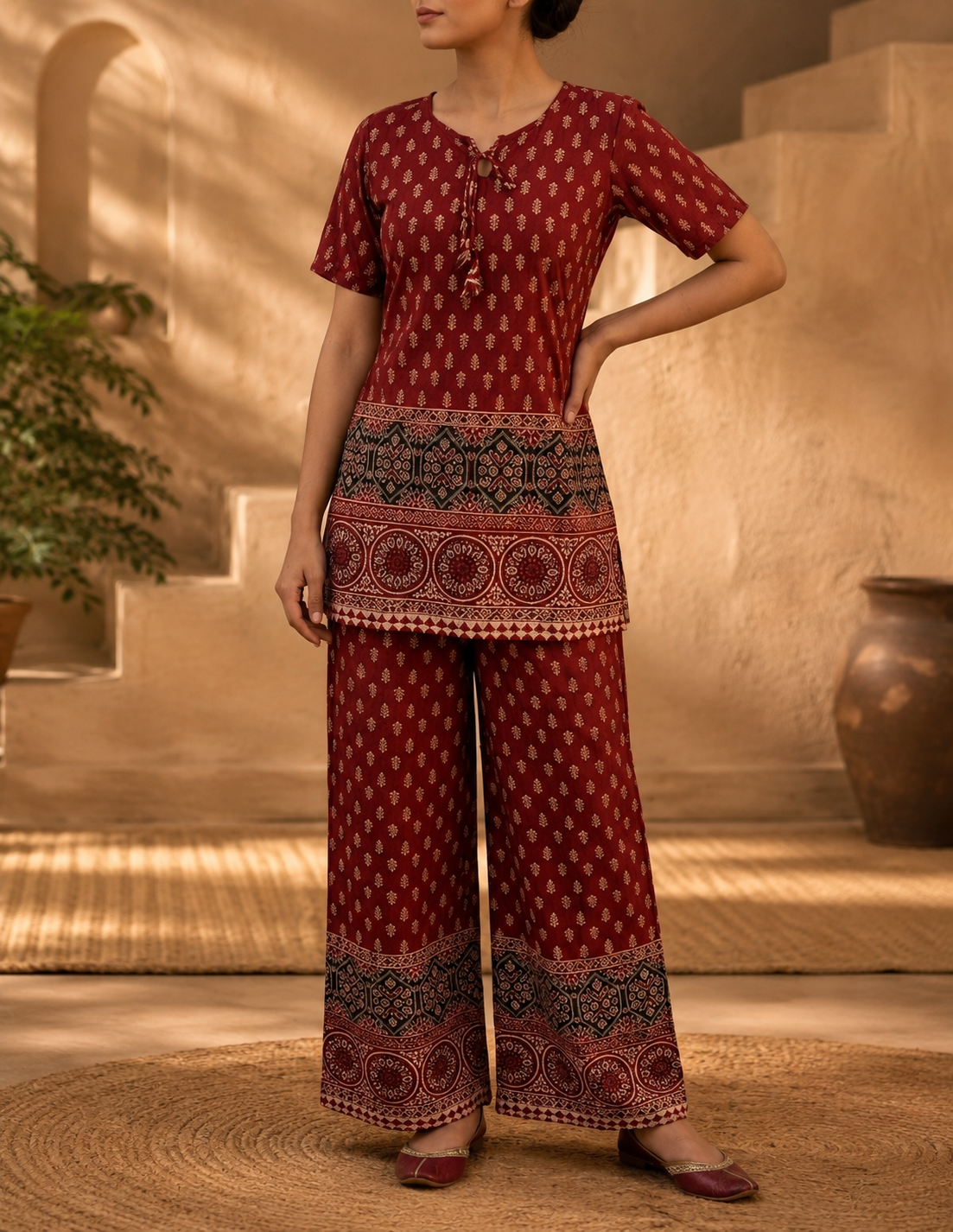 Royal Crimson Maroon Heritage Print Cotton Co-ord Set