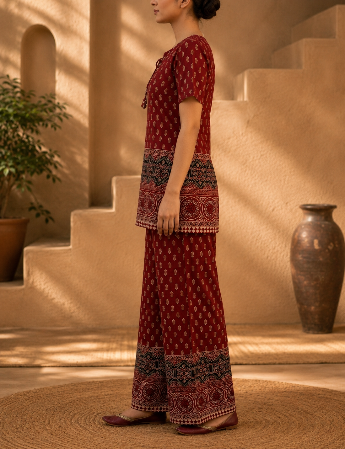 Royal Crimson Maroon Heritage Print Cotton Co-ord Set - Image 3