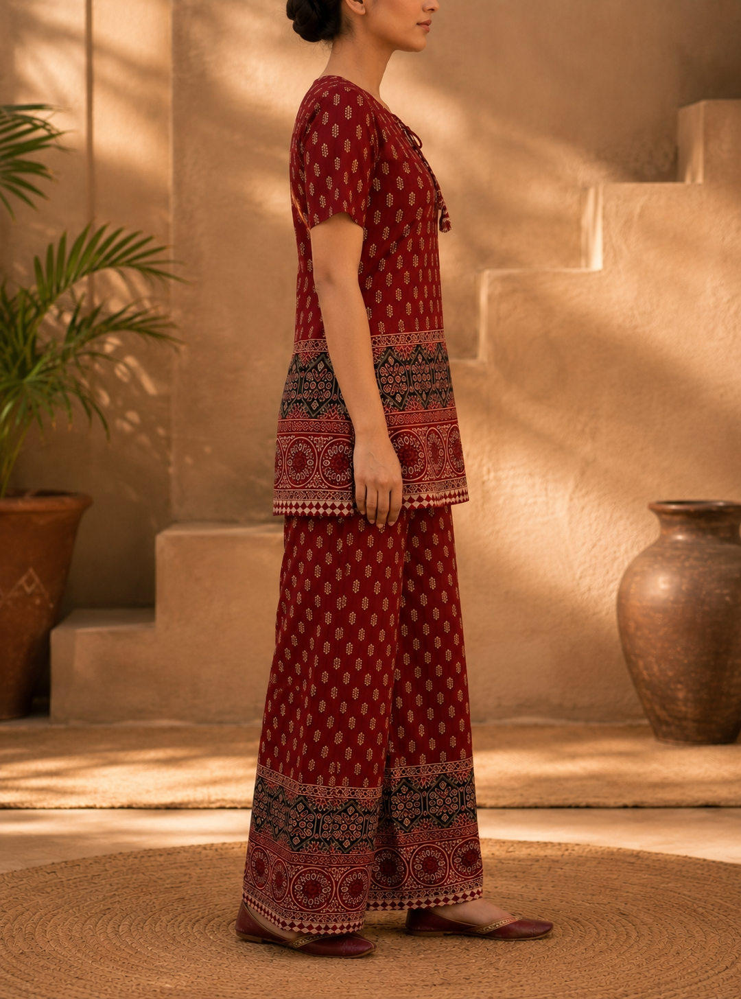 Royal Crimson Maroon Heritage Print Cotton Co-ord Set - Image 4