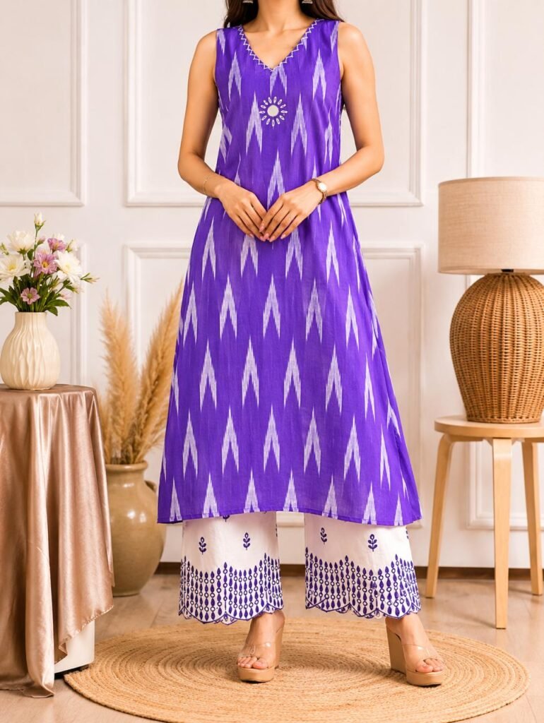 Royal Amethyst Purple Ikat A-Line Cotton Kurti Palazzo Co-ord Set