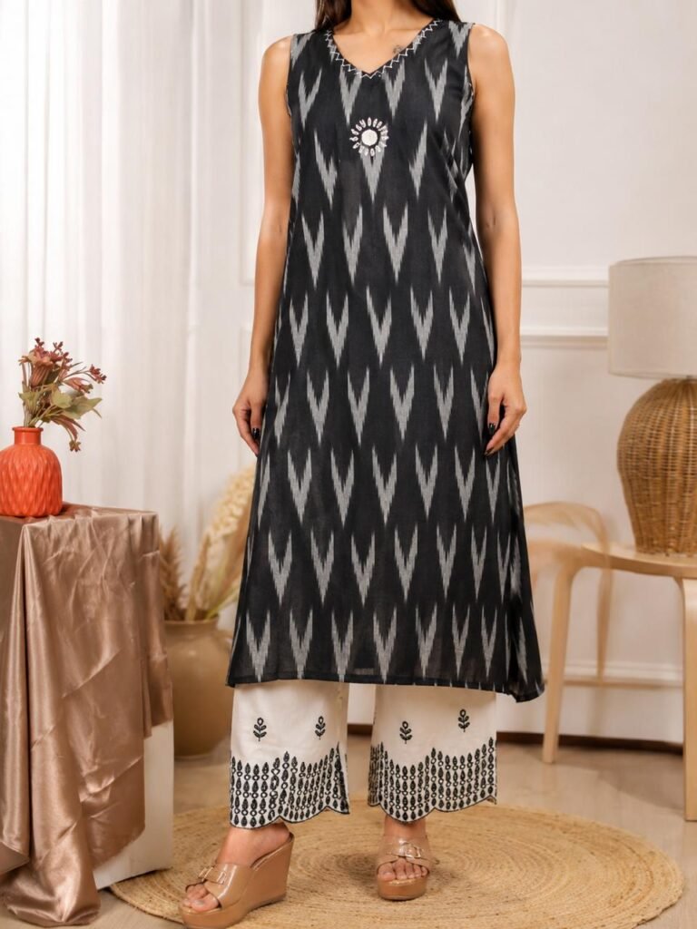 Noir Black Ikat A-Line Cotton Kurti Palazzo Co-ord Set