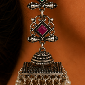 Premium Oxidized GS Metal Dual Stone Square Jhumka Earrings with Pearl Drops | Statement Ethnic Jewellery