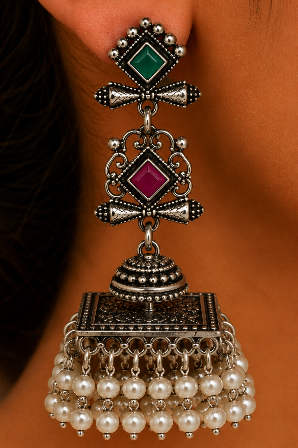 Premium Oxidized GS Metal Dual Stone Square Jhumka Earrings with Pearl Drops | Statement Ethnic Jewellery