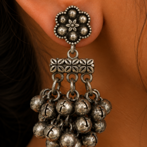 Premium Oxidized GS Metal Floral Stud Earrings with Multi Ghungroo Cluster Drops | Traditional Ethnic Jewellery