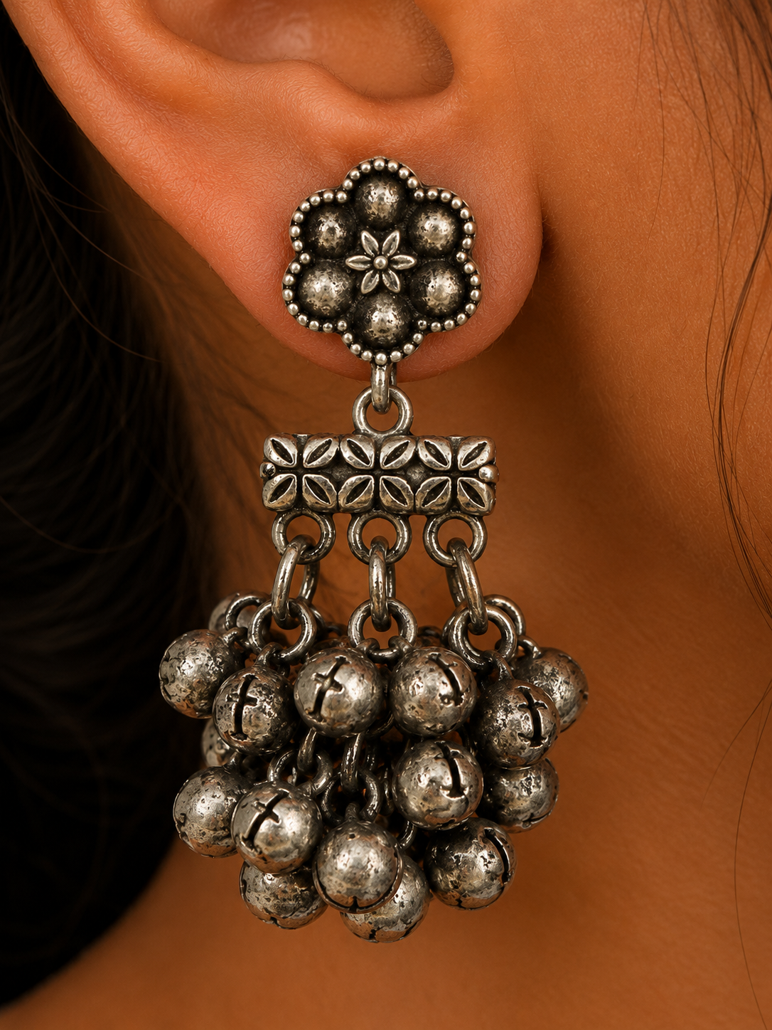 Premium Oxidized GS Metal Floral Stud Earrings with Multi Ghungroo Cluster Drops | Traditional Ethnic Jewellery