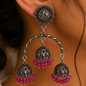 Premium Handcrafted Oxidized GS Metal Triple Jhumka Chandbali Earrings with Pink Beads | Traditional Ethnic Jewellery