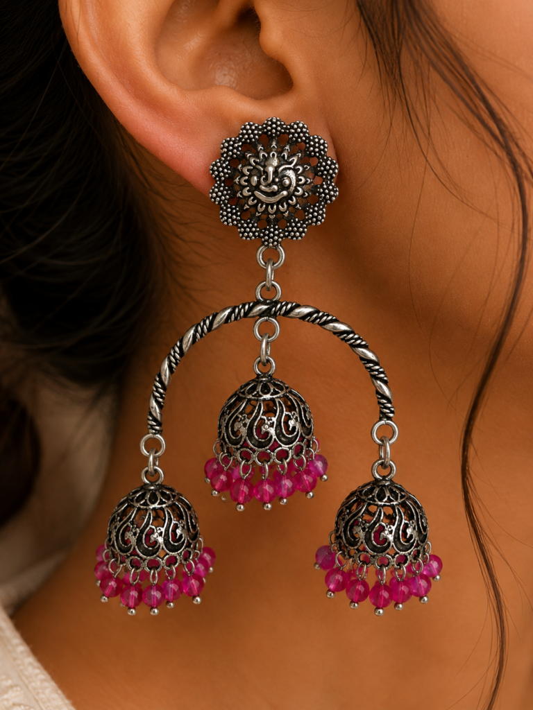 Premium Handcrafted Oxidized GS Metal Triple Jhumka Chandbali Earrings with Pink Beads | Traditional Ethnic Jewellery