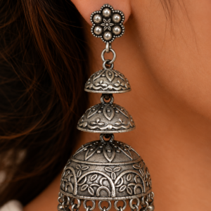 Premium Handcrafted Oxidized GS Metal Triple Dome Jhumka Earrings | Traditional Statement Ethnic Jewellery