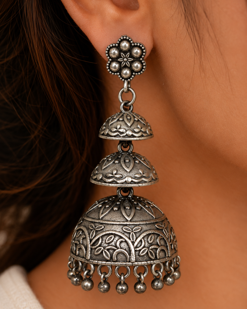 Premium Handcrafted Oxidized GS Metal Triple Dome Jhumka Earrings | Traditional Statement Ethnic Jewellery