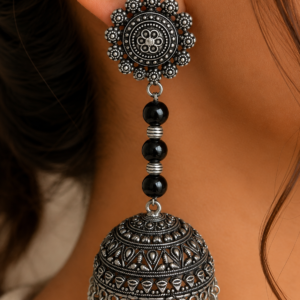Premium Oxidized GS Metal Black Bead Long Jhumka Earrings | Traditional Ethnic Jewellery