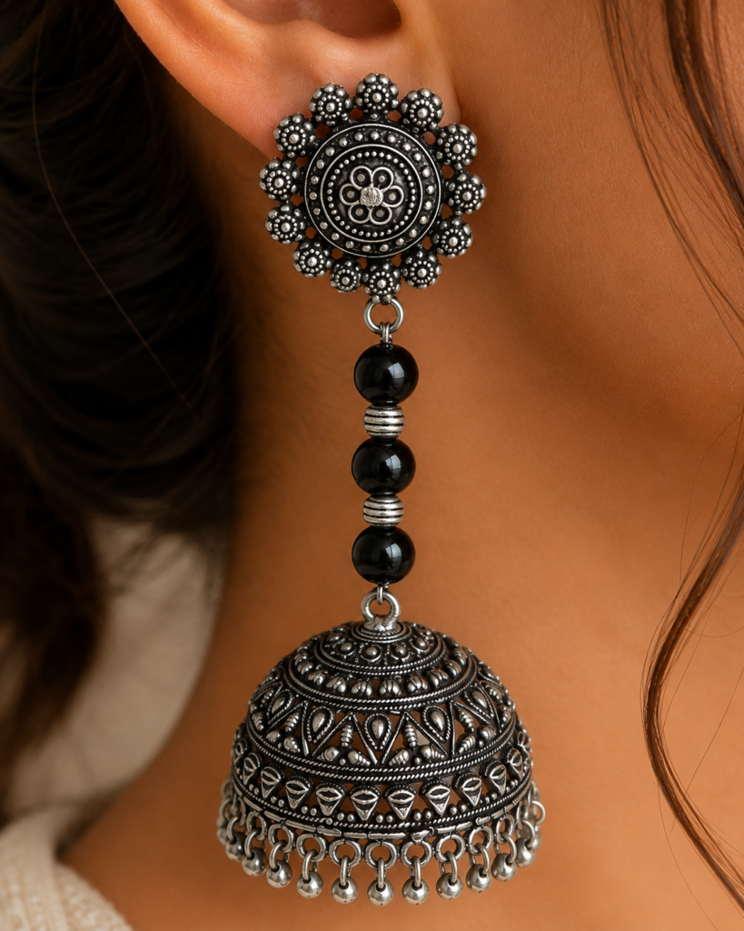 Premium Oxidized GS Metal Black Bead Long Jhumka Earrings | Traditional Ethnic Jewellery