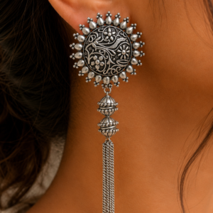 Premium Oxidized GS Metal Floral Disc Tassel Earrings | Traditional Ethnic Statement Jewellery