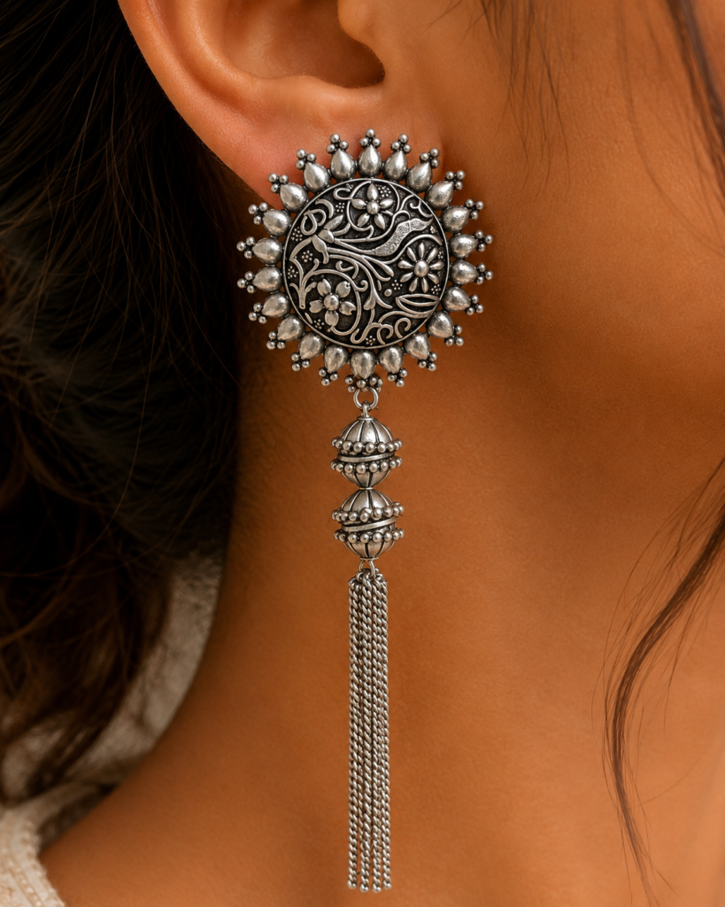 Premium Oxidized GS Metal Floral Disc Tassel Earrings | Traditional Ethnic Statement Jewellery