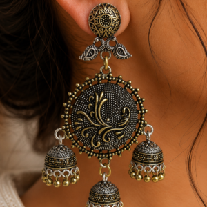 Premium Oxidized GS Metal Floral Triple Jhumka Chandbali Earrings | Traditional Ethnic Jewellery