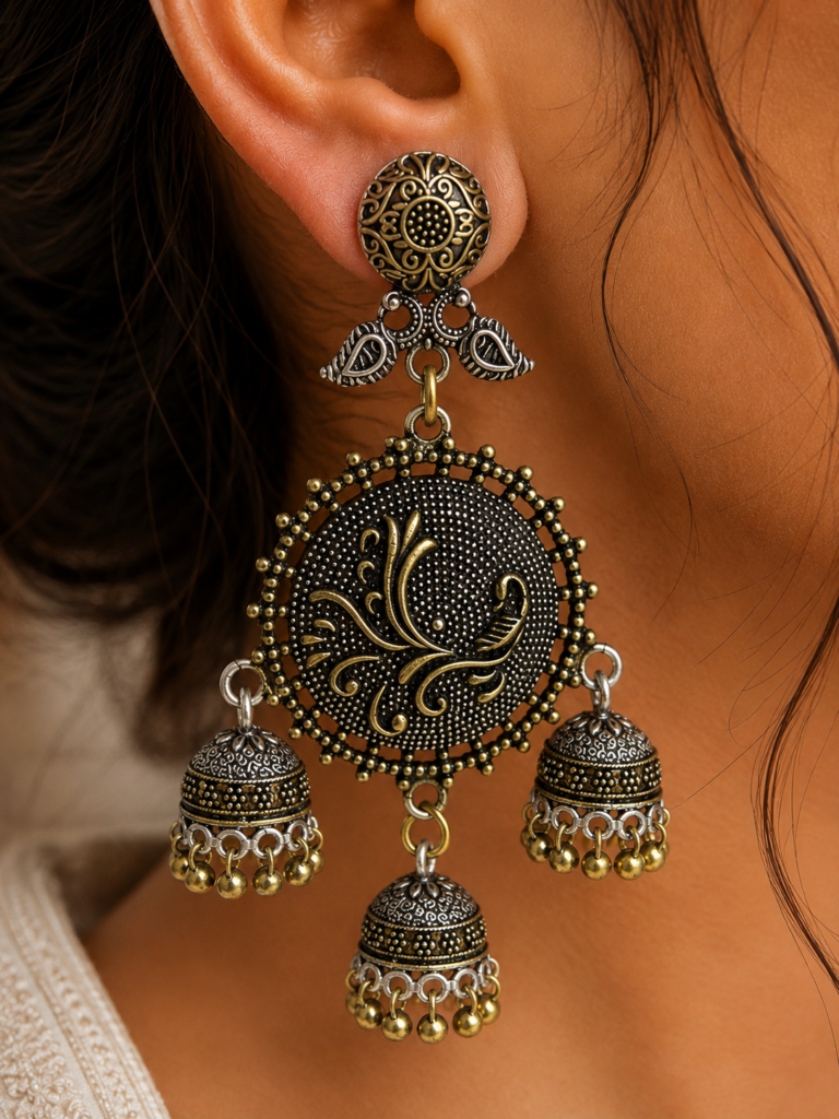 Premium Oxidized GS Metal Floral Triple Jhumka Chandbali Earrings | Traditional Ethnic Jewellery