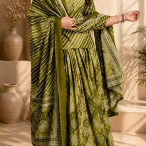 Pure Cotton Designer Leheriya Anarkali Kurti Palazzo Dupatta Set | Festive Ethnic Wear | Rakhi | Teej | Sawan
