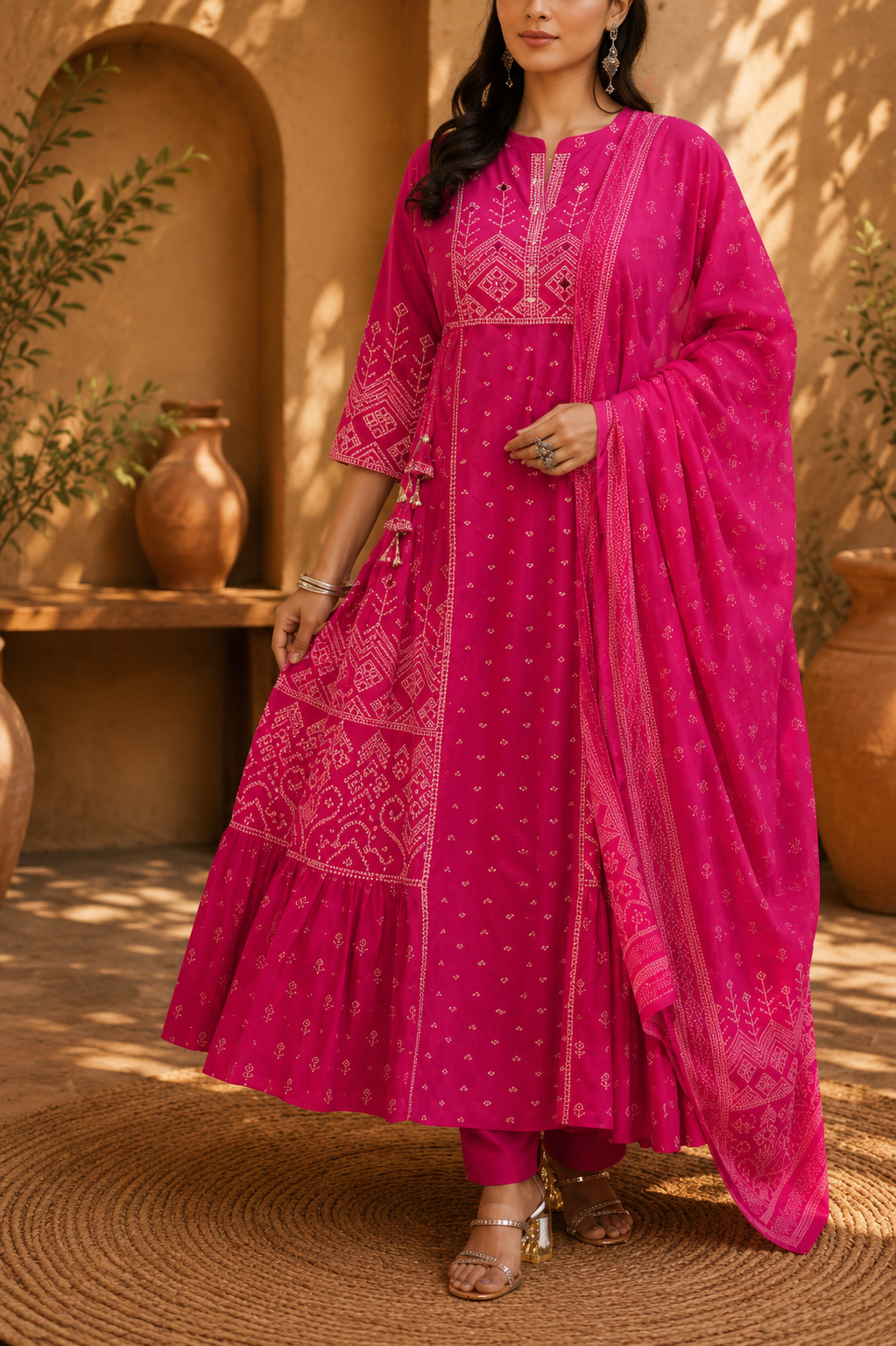 Premium Pure Cotton Bandhani Print Embroidered Anarkali Kurta Palazzo Set with Dupatta - Image 2