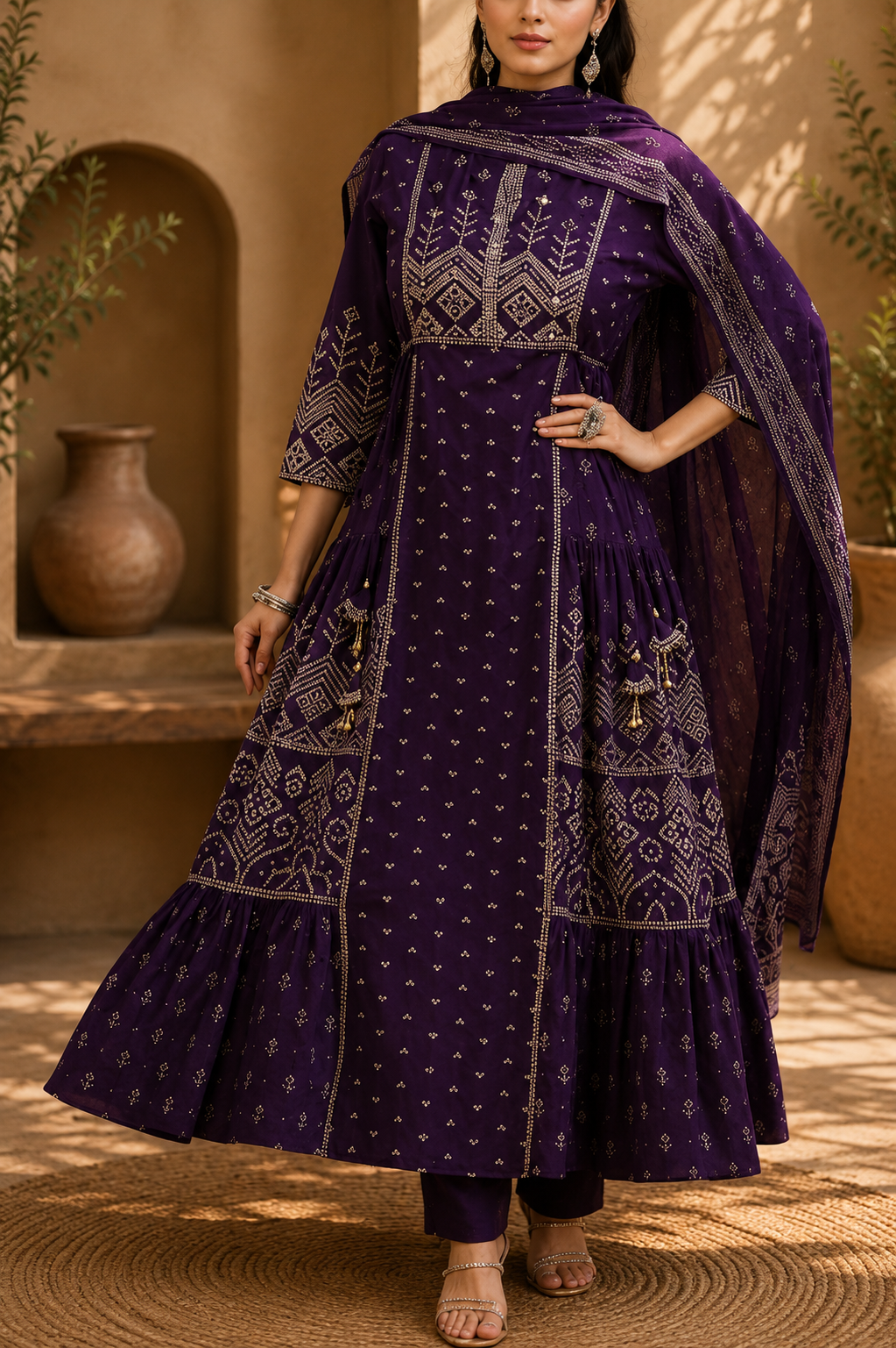 Premium Pure Cotton Bandhani Print Embroidered Anarkali Kurta Palazzo Set with Dupatta - Image 3