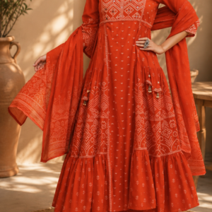 Premium Pure Cotton Bandhani Print Embroidered Anarkali Kurta Palazzo Set with Dupatta