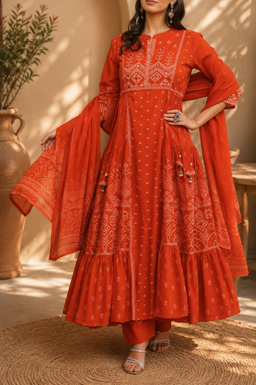 Premium Pure Cotton Bandhani Print Embroidered Anarkali Kurta Palazzo Set with Dupatta