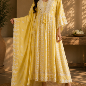 Premium Mul Cotton Embroidered Anarkali Kurta Palazzo Set with Dupatta