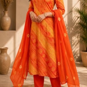 Leheriya Printed Cotton Crepe Kurti Pant Dupatta Set with Hand & Adda Work Neck | Festive Ethnic Wear