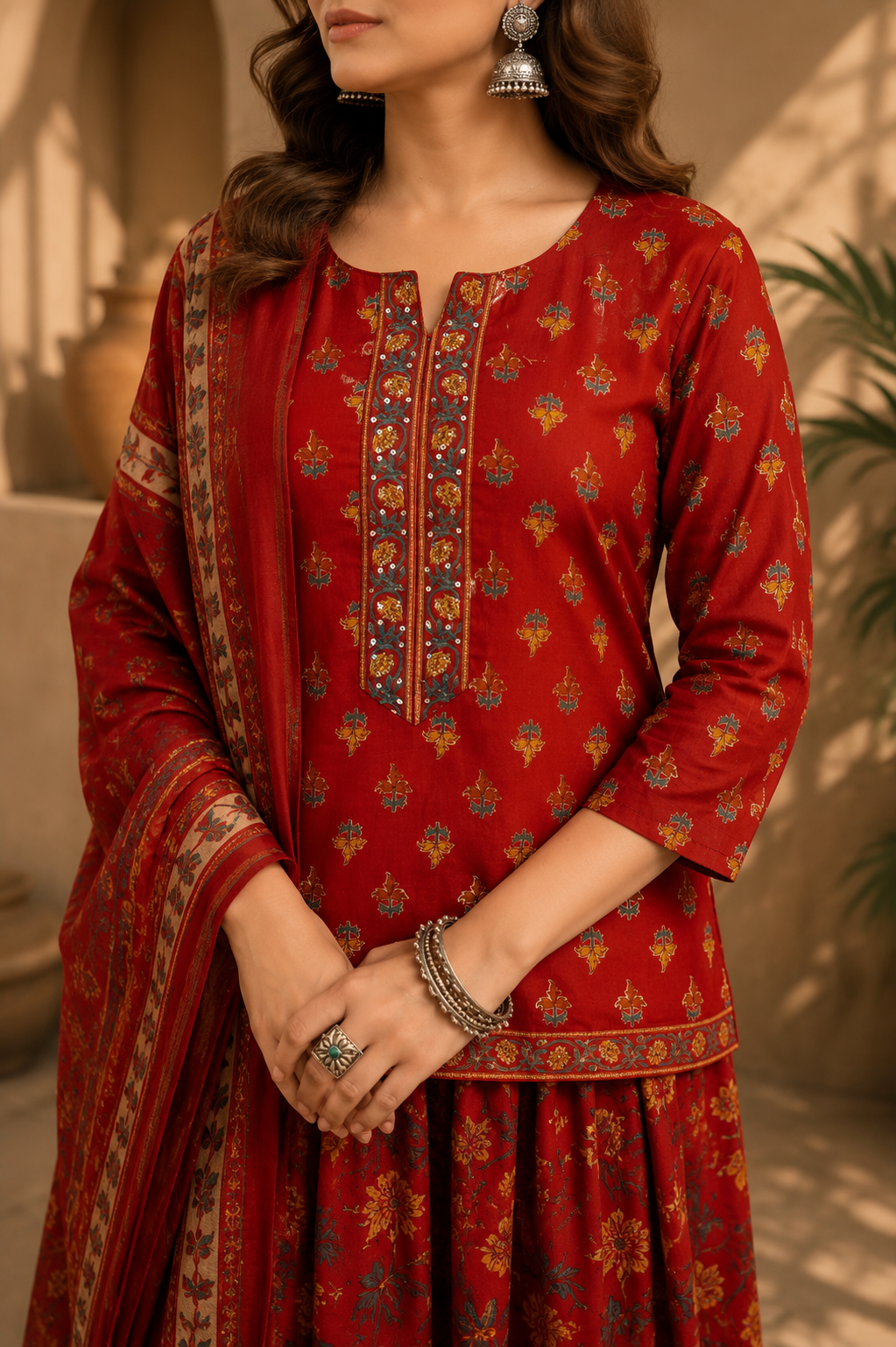 Pure Cotton Jaipuri Printed Top Skirt Set with Dupatta - Image 3