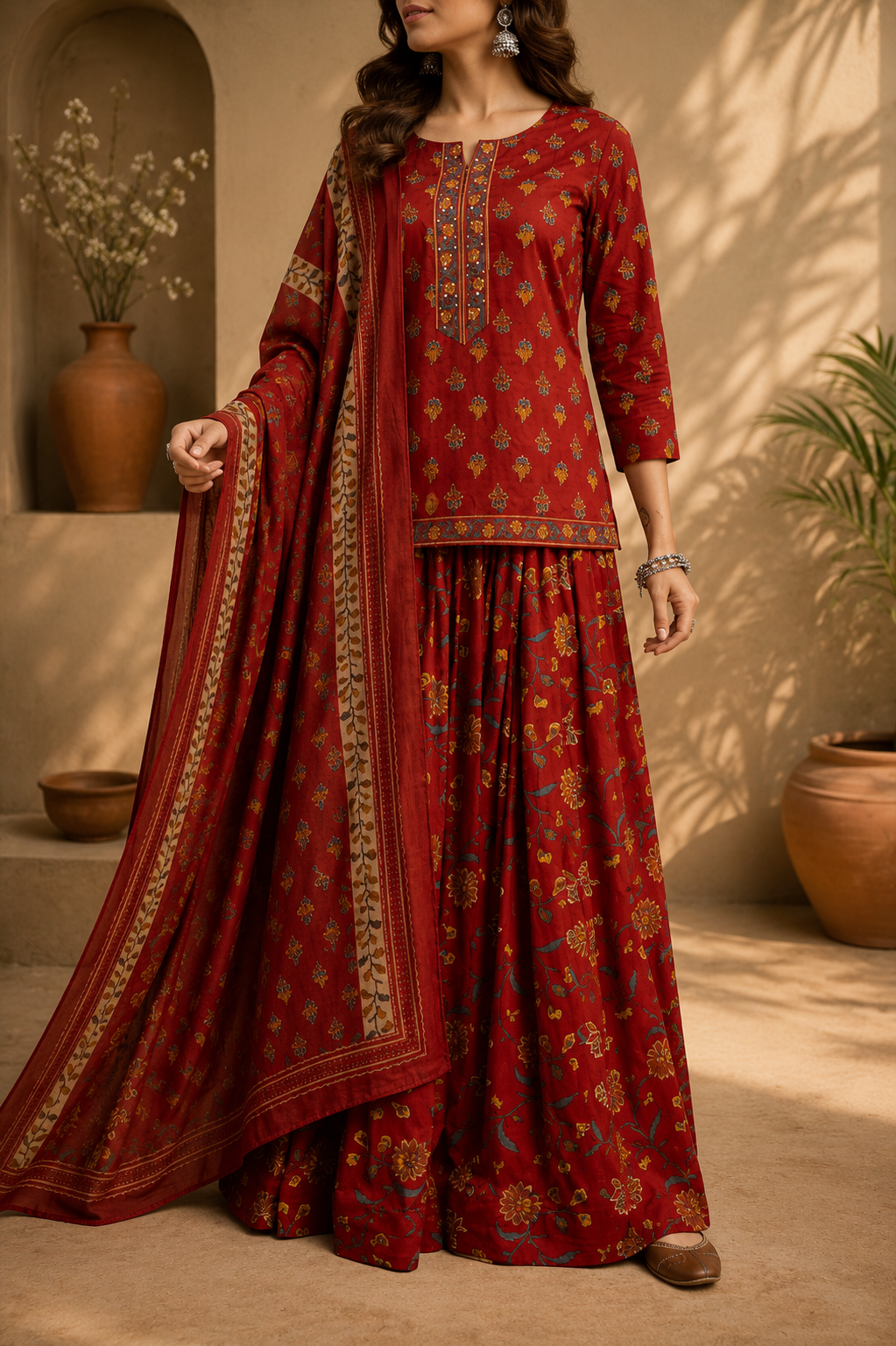 Pure Cotton Jaipuri Printed Top Skirt Set with Dupatta - Image 4