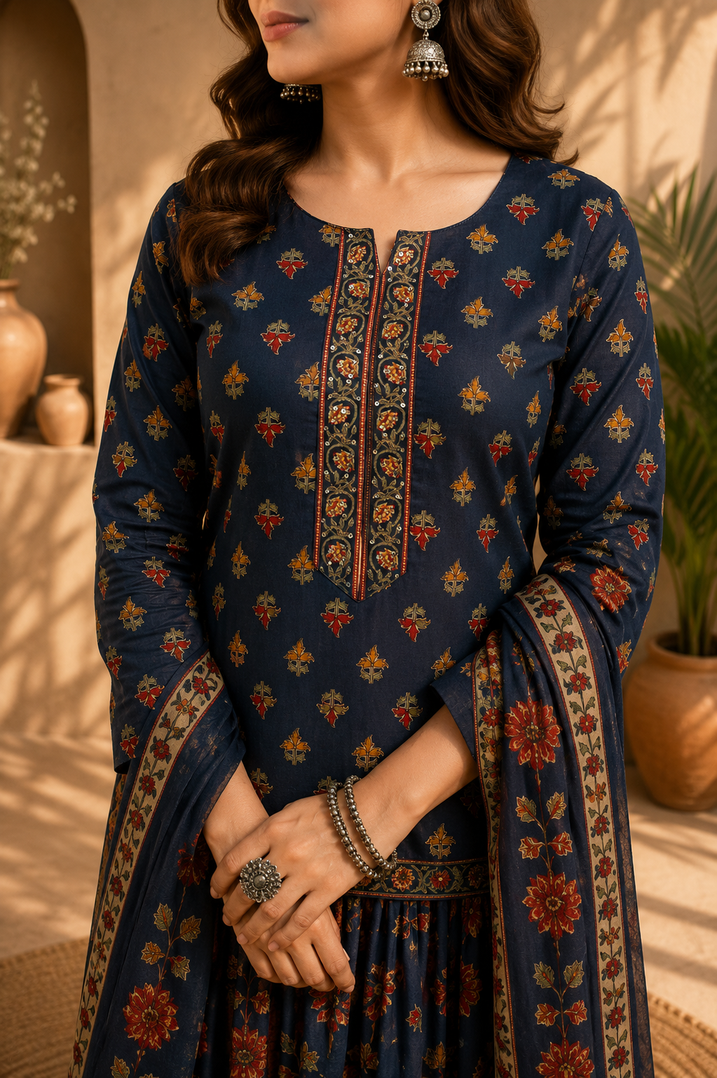 Pure Cotton Jaipuri Printed Top Skirt Set with Dupatta
