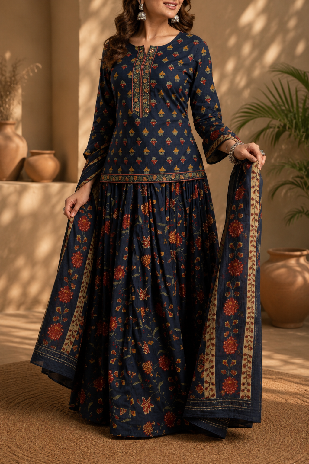 Pure Cotton Jaipuri Printed Top Skirt Set with Dupatta - Image 2