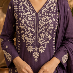Pure Cotton Designer Embroidered Kurta Pant Set with Dupatta – Royal Plum Purple